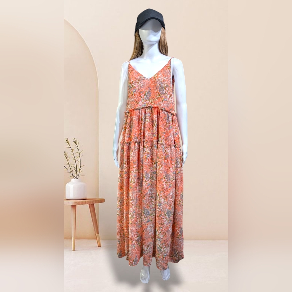 Elegant Maronie Floral V-Neck Maxi Dress Orange And Pink